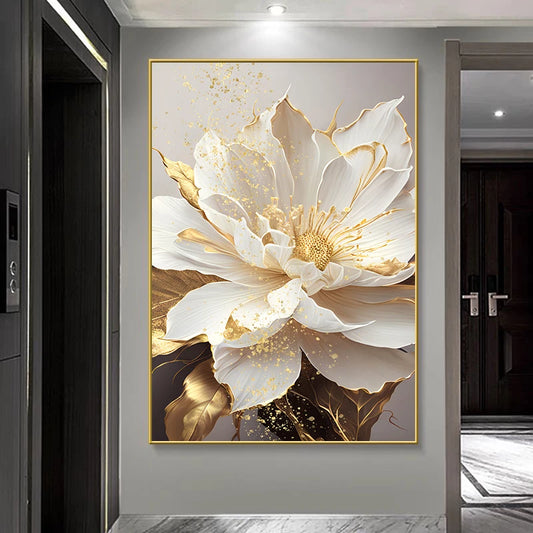 Gold Leaf White Blooming Flowers Canvas Wall Art 