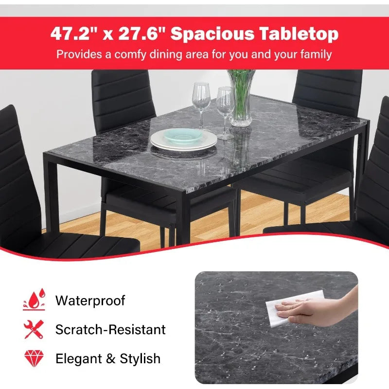 Marble Table 4 Chairs PU Leather Dining Set