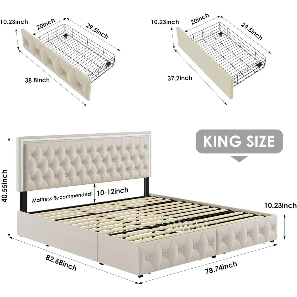 King Tufted Velvet LED Bed Frame with Drawers