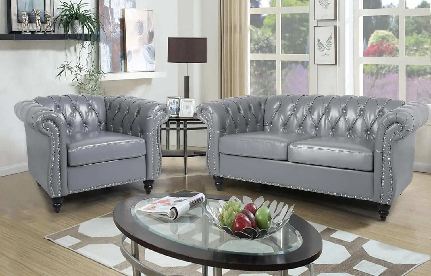 Grey PU Leather Chesterfield Sofa Set