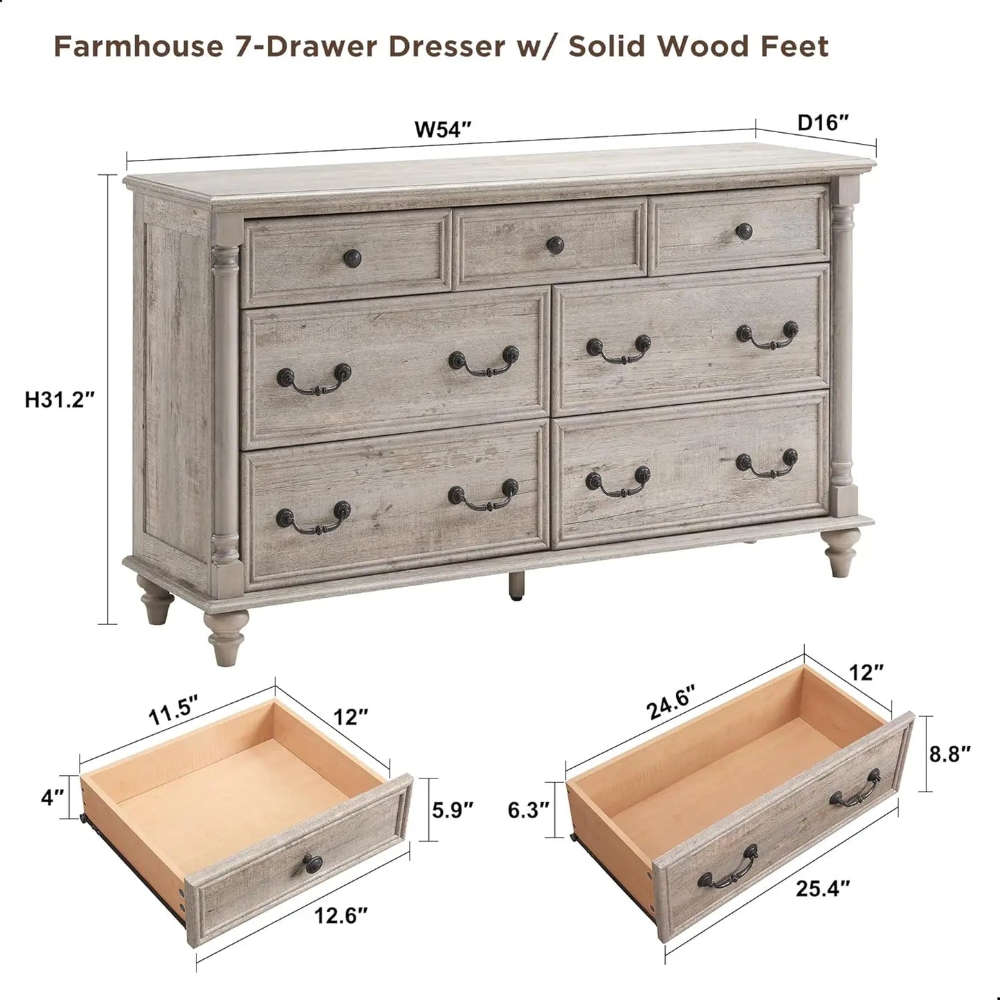 Rustic Oak Farmhouse 7 Drawers Dresser