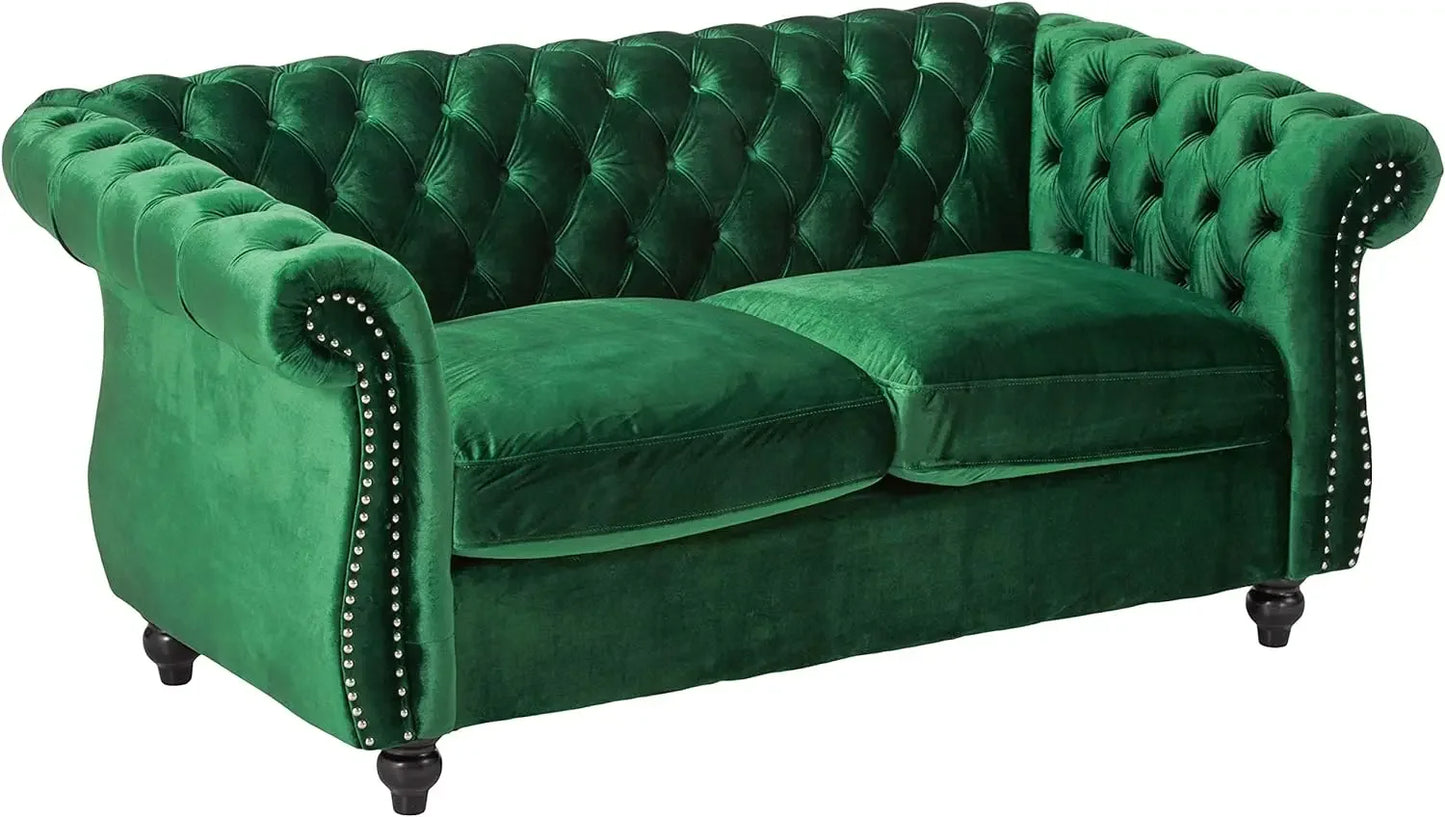 Green Button Tufted Velvet Chesterfield Loveseat