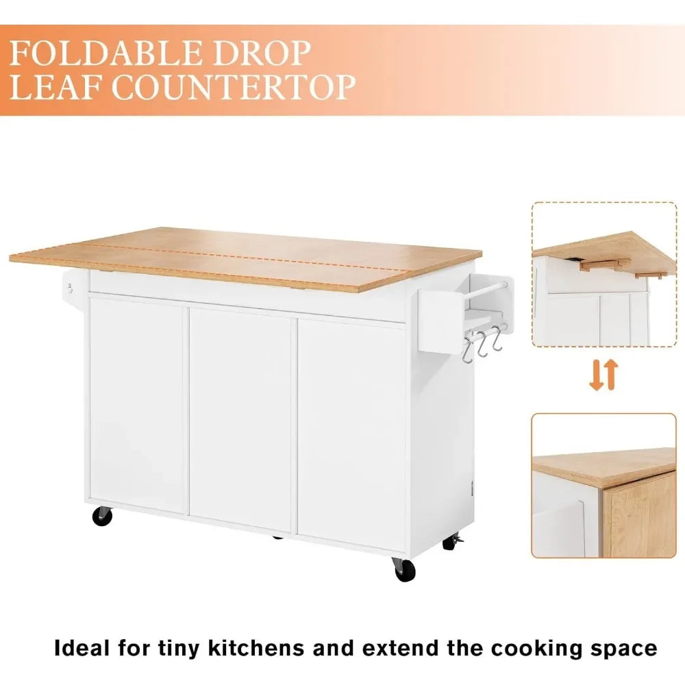 Kitchen Island On Wheels, Rolling Kitchen Island Cart with Drop Leaf Countertop, Barn Door Kitchen Island Table