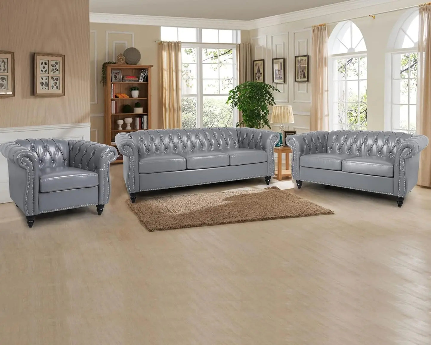 Grey PU Leather Chesterfield Sofa Set