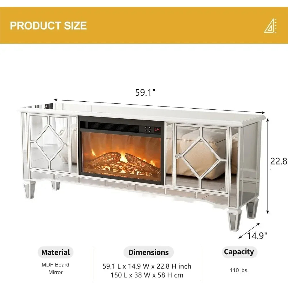 Mirrored Electric Fireplace Entertainment Center w/Changing Colors