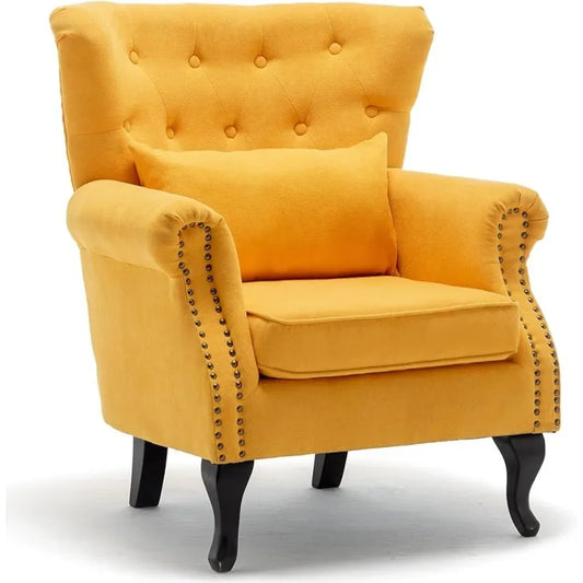 Yellow Button Tufted Wingback Club Curled Arm Chair