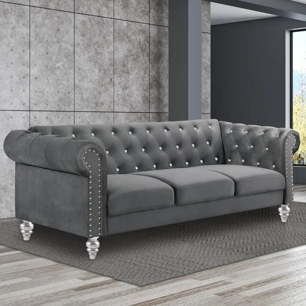 Gray Glam Velvet Crystal Button Tufted Chesterfield Sofa with Nailhead Trim and Silver Legs