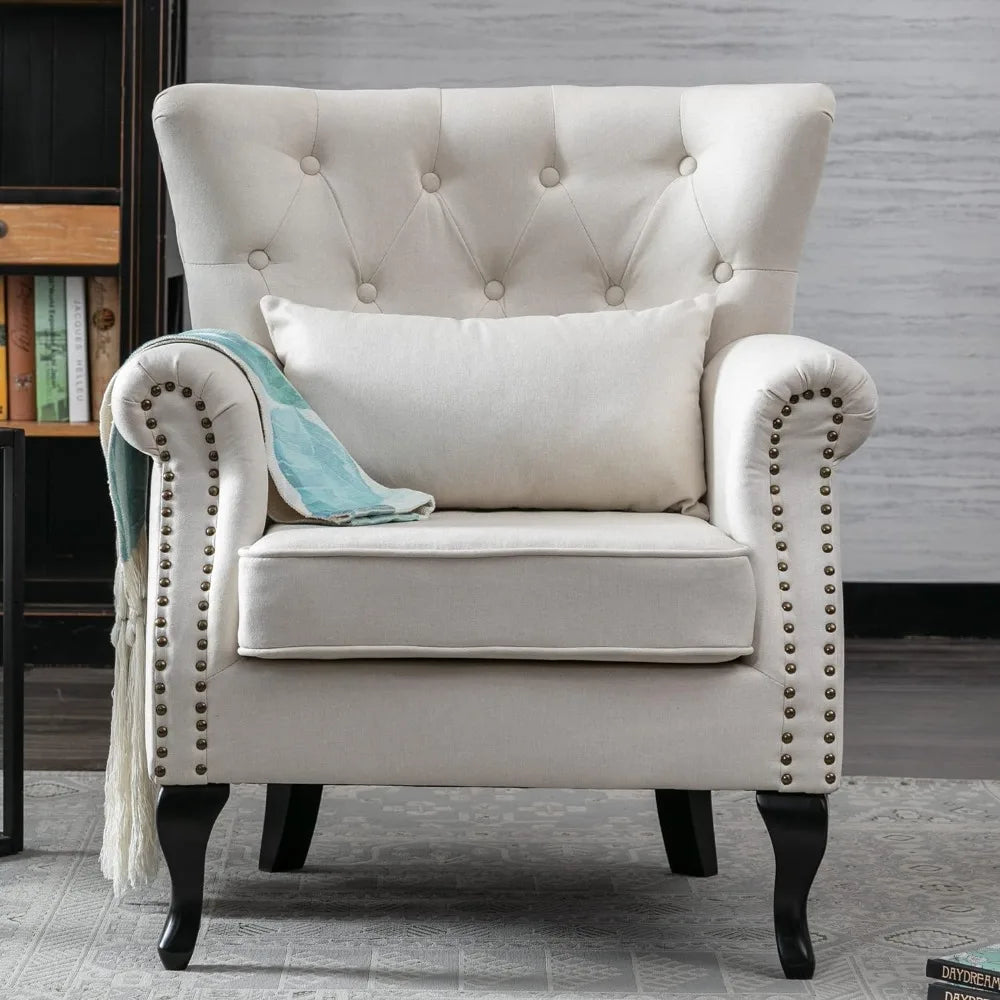 Tufted White Linen Wingback Accent Chair 