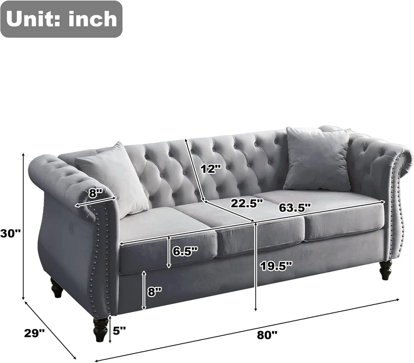 Grey Button Tufted Velvet 2 Piece Chesterfield Loveseat Sofa Set