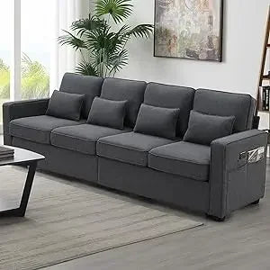 Linen Couch with Armrest Pockets and 4 Pillows