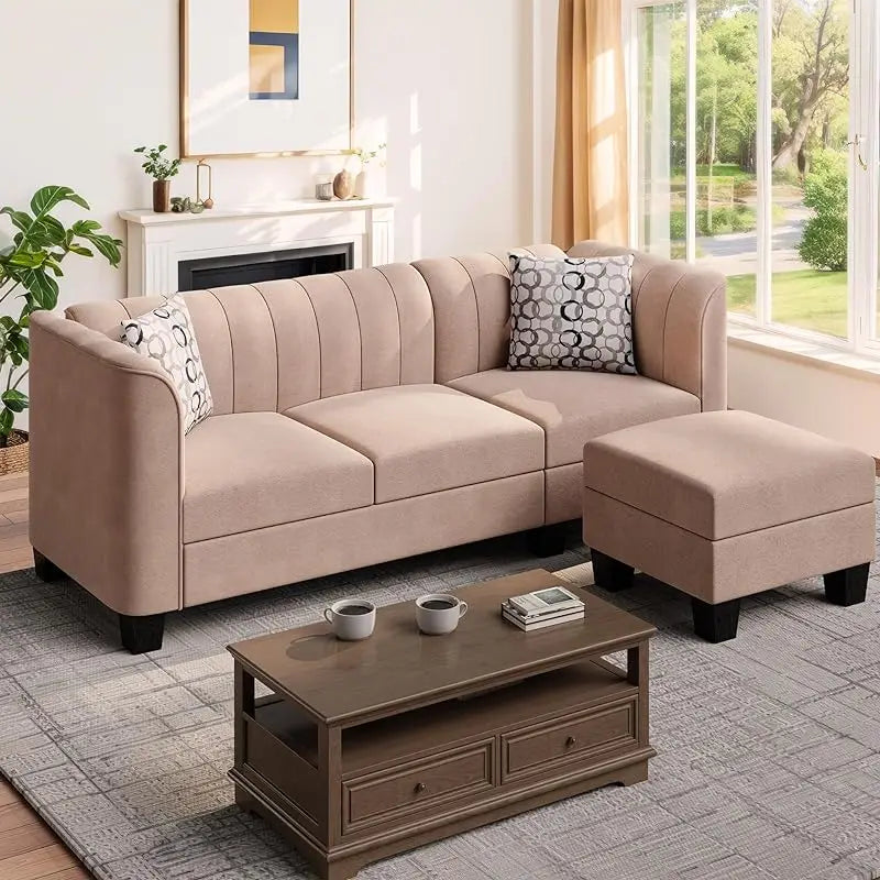 Beige Linen Sofa with High Armrests and  an Ottoman   40841833742402