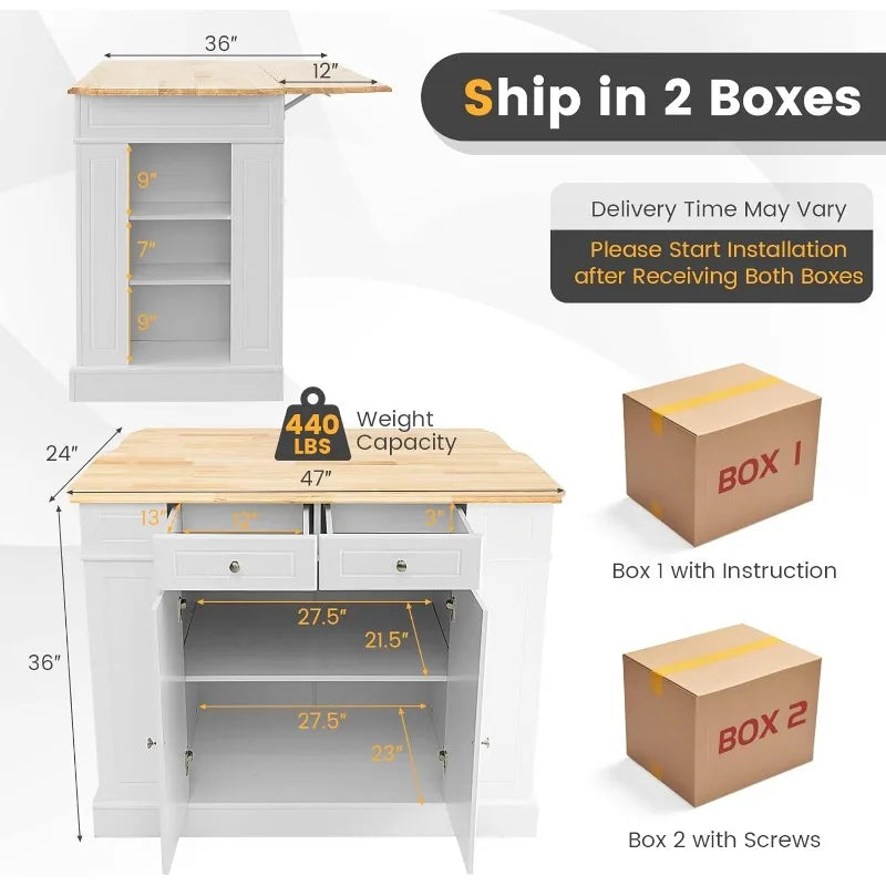 Stationary Rubber Wood Kitchen Island with Drop Leaf, 2 Drawers, Storage Cabinets