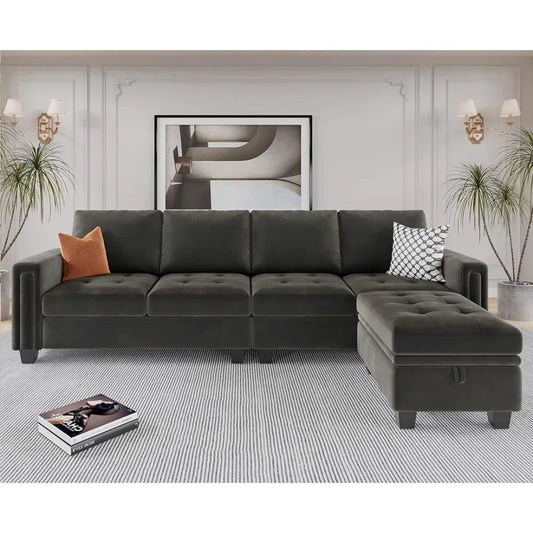 Grey Velvet Reversible Sectional with Storage Ottoman  -  40909695844418