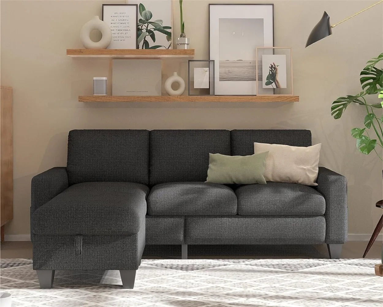 Dark Gray Velvet L-Shaped Couch  40847987638338