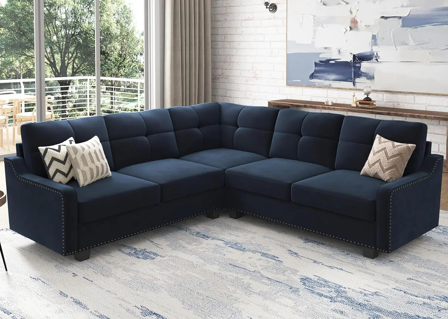 Navy Velvet Convertible Sectional           40909654556738