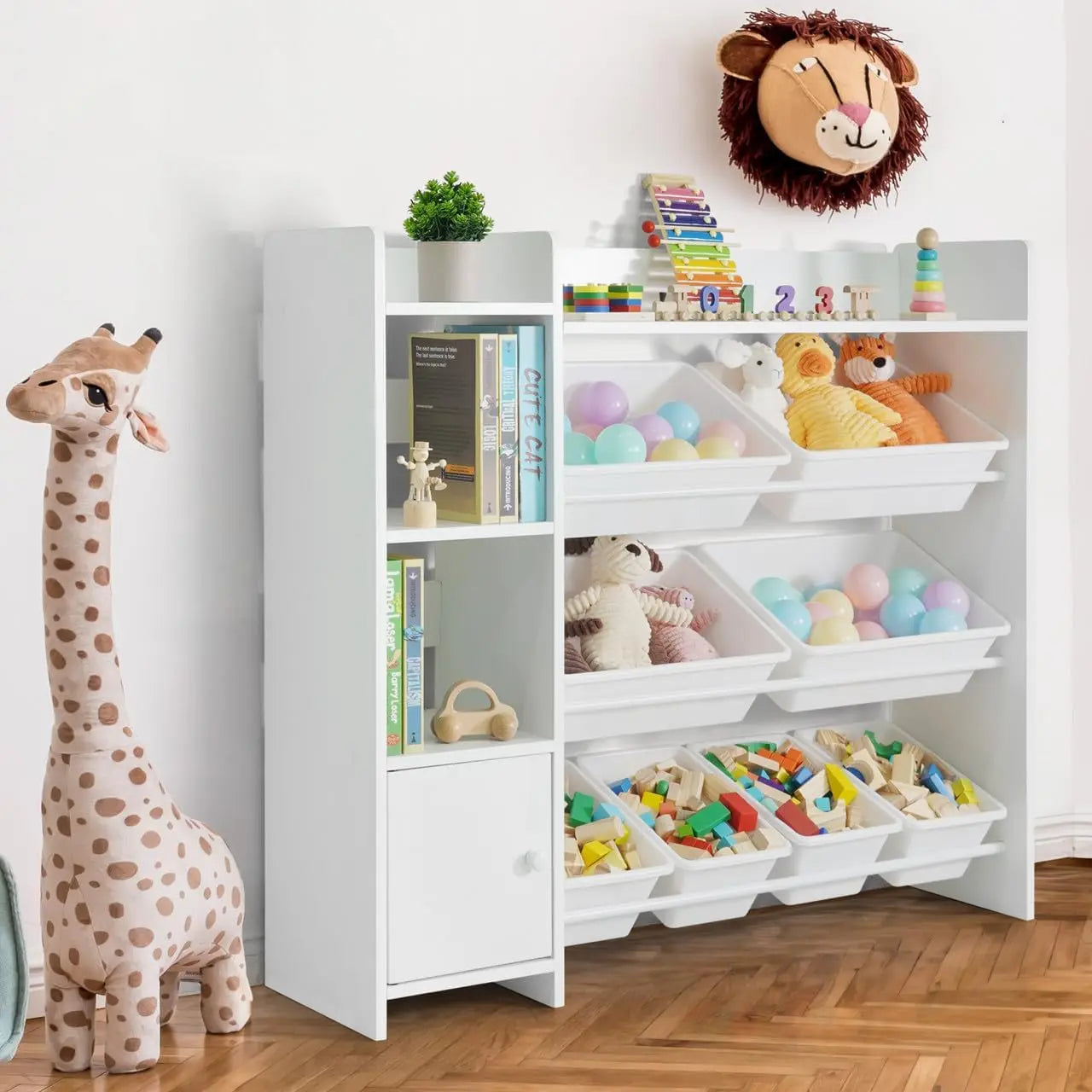 Toy Organizer with 8 White Plastic Bins