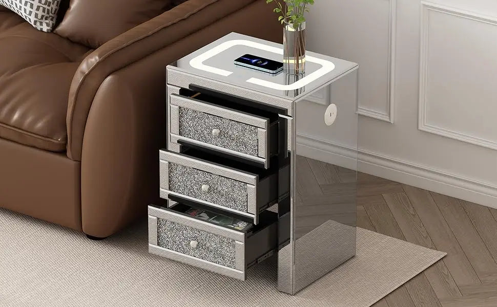 LED Crystal Mirrored Nightstand