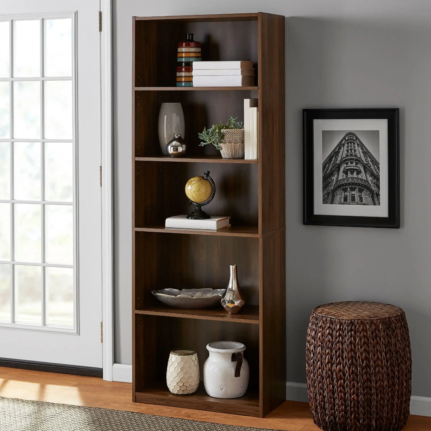 Walnut 5-Shelf Bookcase