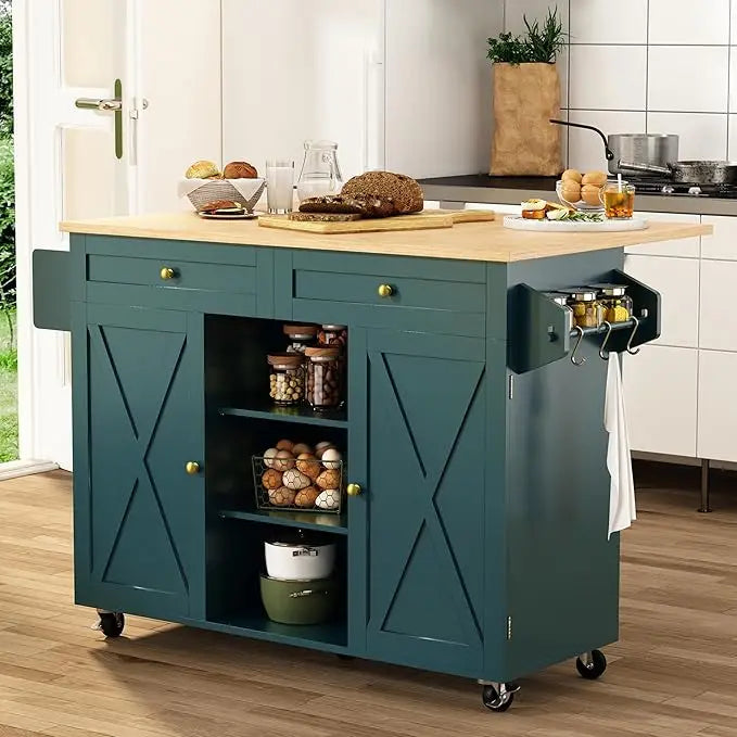 Kitchen Island On Wheels, Rolling Kitchen Island Cart with Drop Leaf Countertop, Barn Door Kitchen Island Table