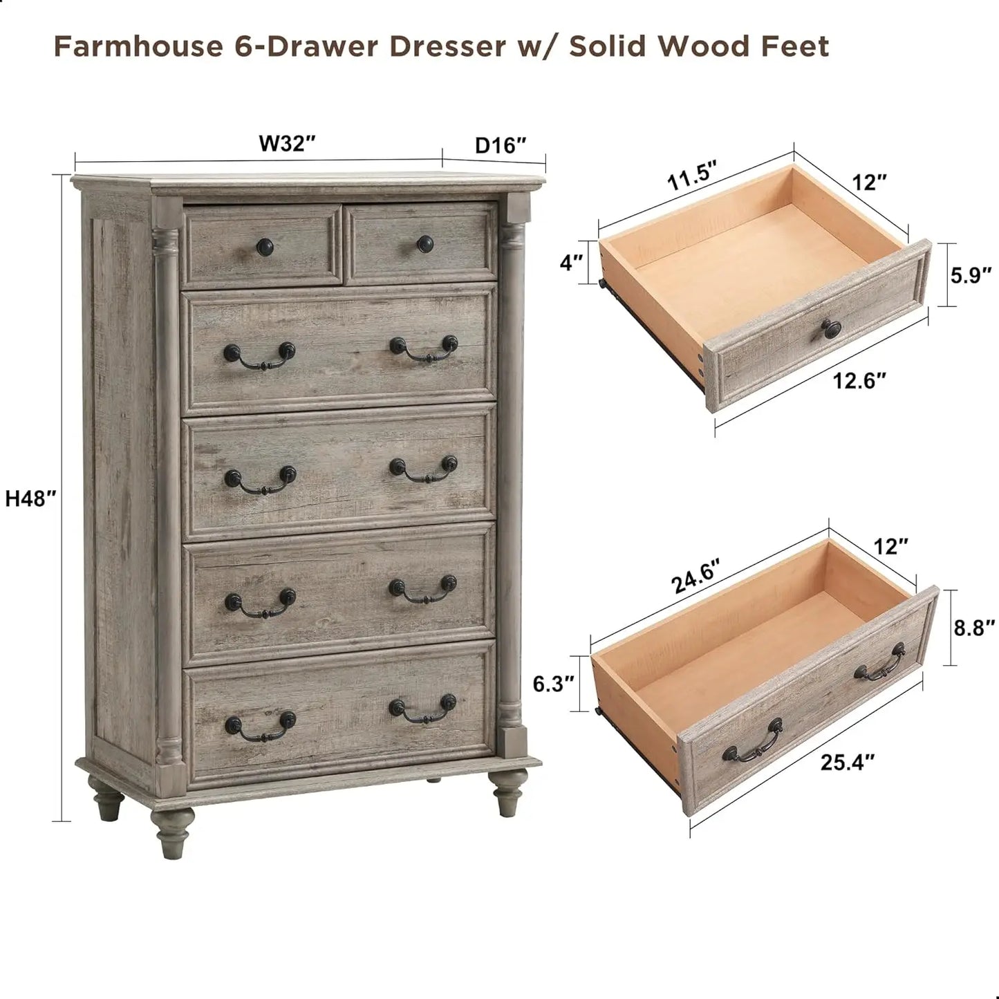 Tall Rustic Oak Farmhouse Style 6 Drawer Dresser