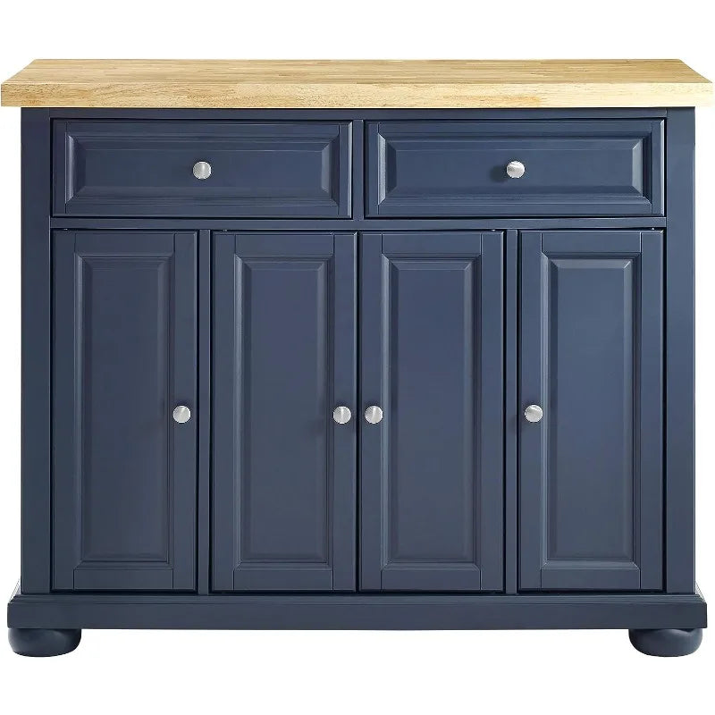 Stationary Navy Kitchen Island with Butcher Block Top