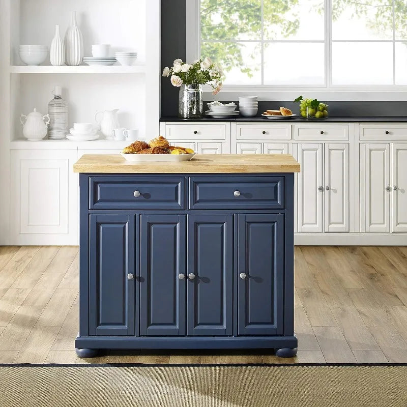 Stationary Navy Kitchen Island with Butcher Block Top