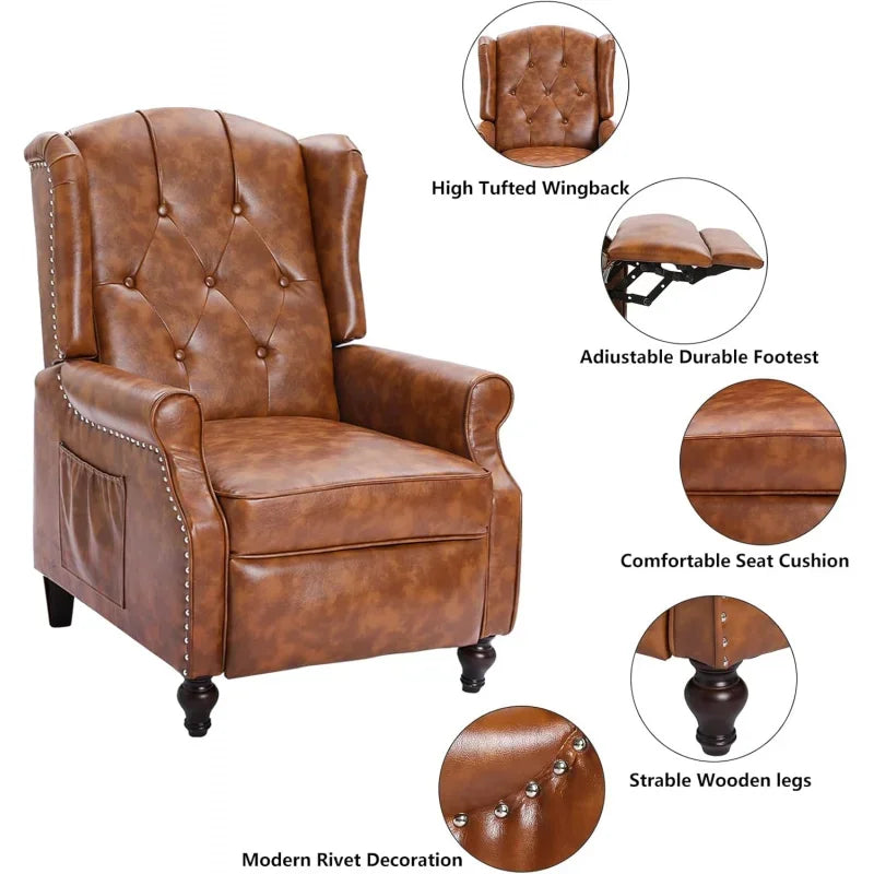 Brown PU Leather Wingback Push Back Recliner Chair - Set of 2