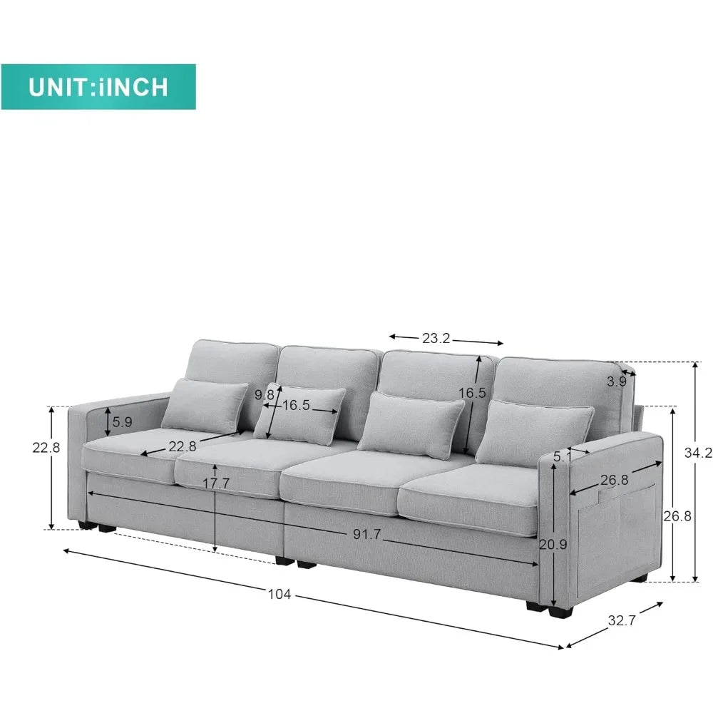 Linen Couch with Armrest Pockets and 4 Pillows