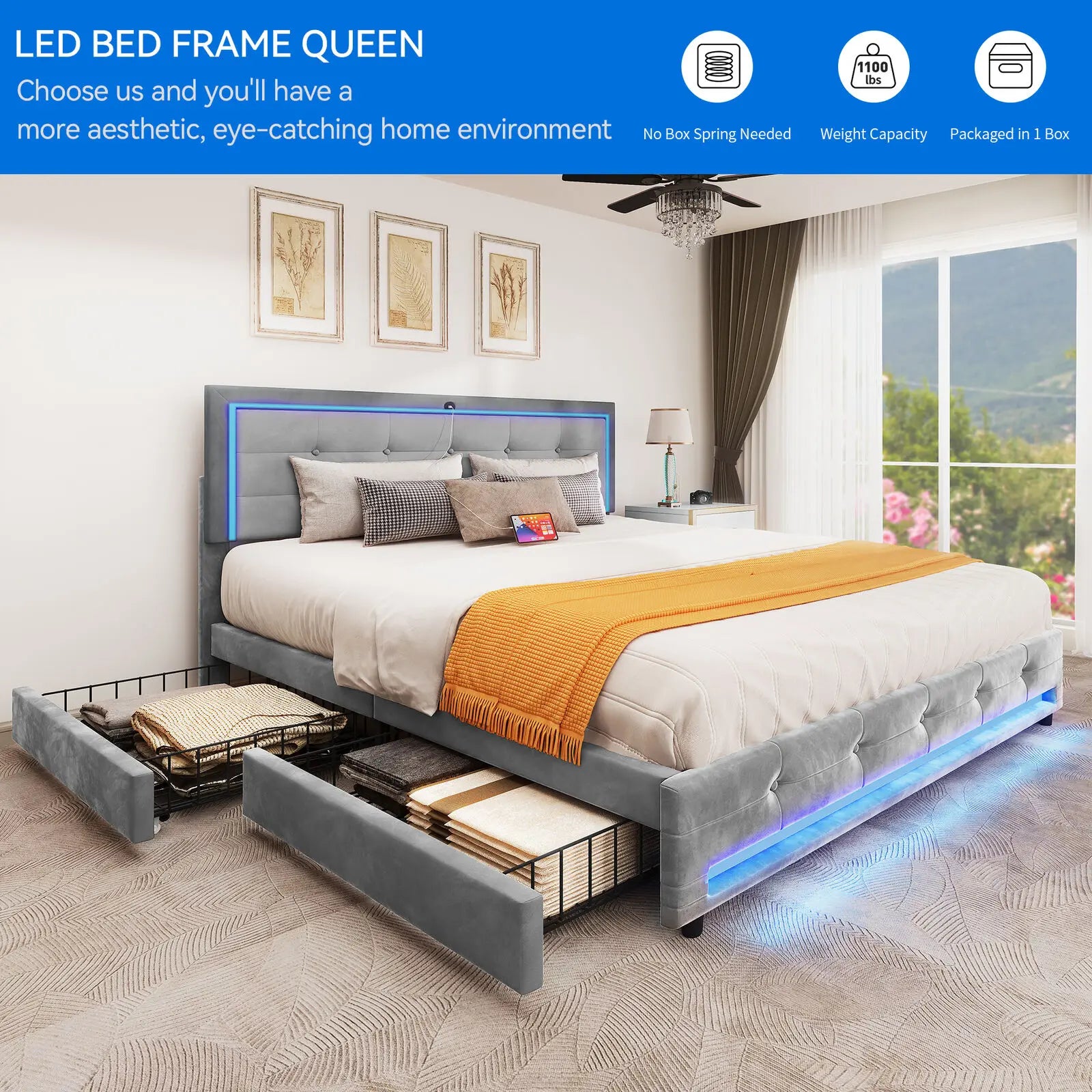 Queen LED Velvet Platform Bed Frame Headboard+4 Drawers &amp; USB Ports 40847997075522