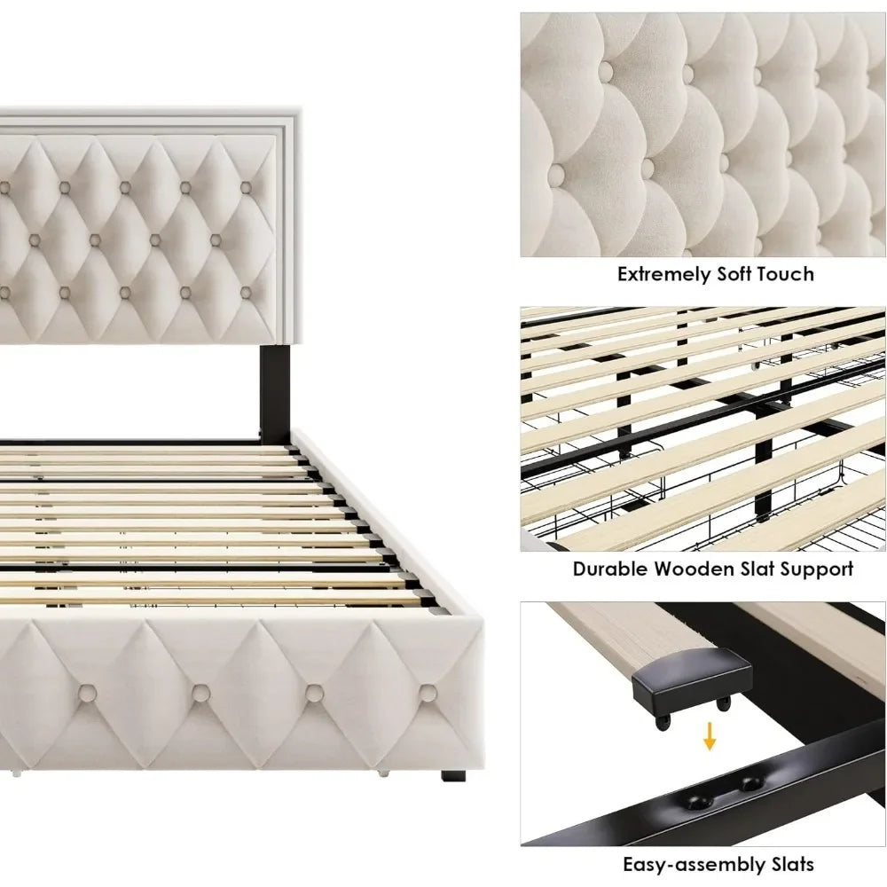 King Tufted Velvet LED Bed Frame with Drawers