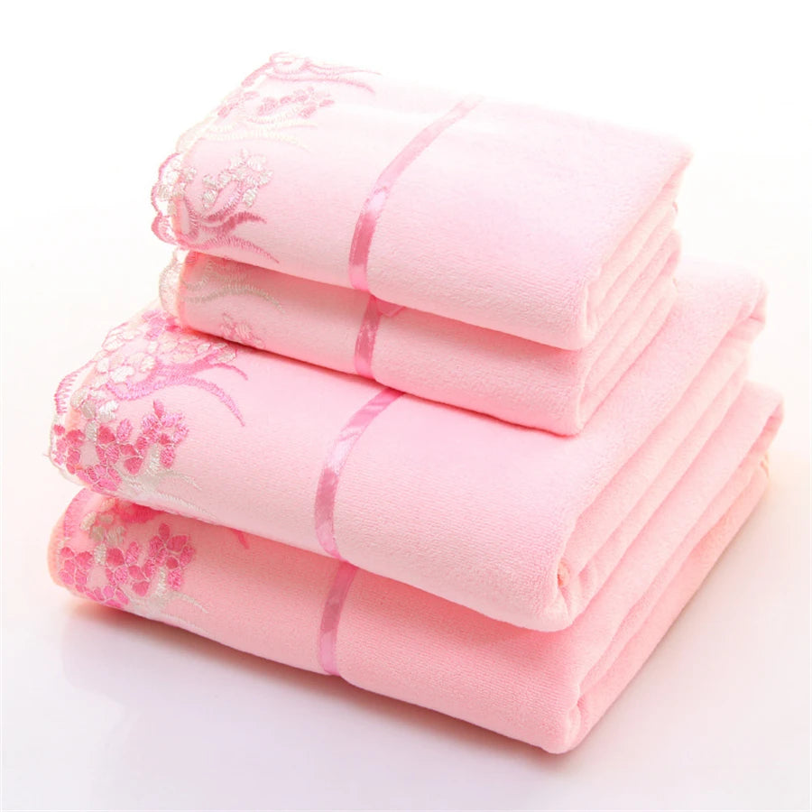 Pink  Lace 4pc Embroidered Quick Dry Towel Sets - 40888134828098