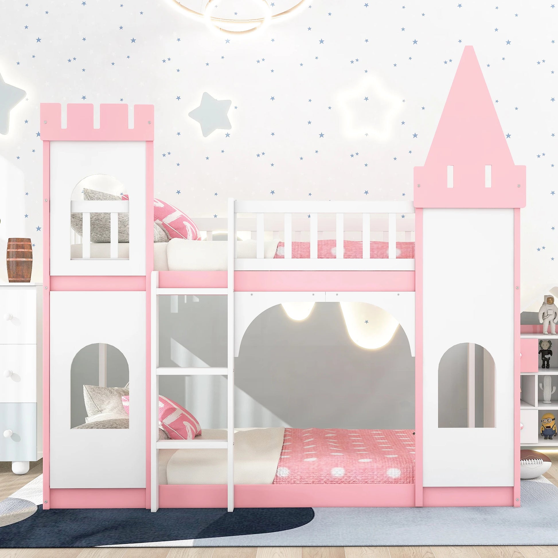 Pink Twin Castle Bunk Bed with Ladder