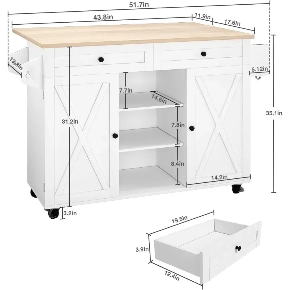 Kitchen Island On Wheels, Rolling Kitchen Island Cart with Drop Leaf Countertop, Barn Door Kitchen Island Table