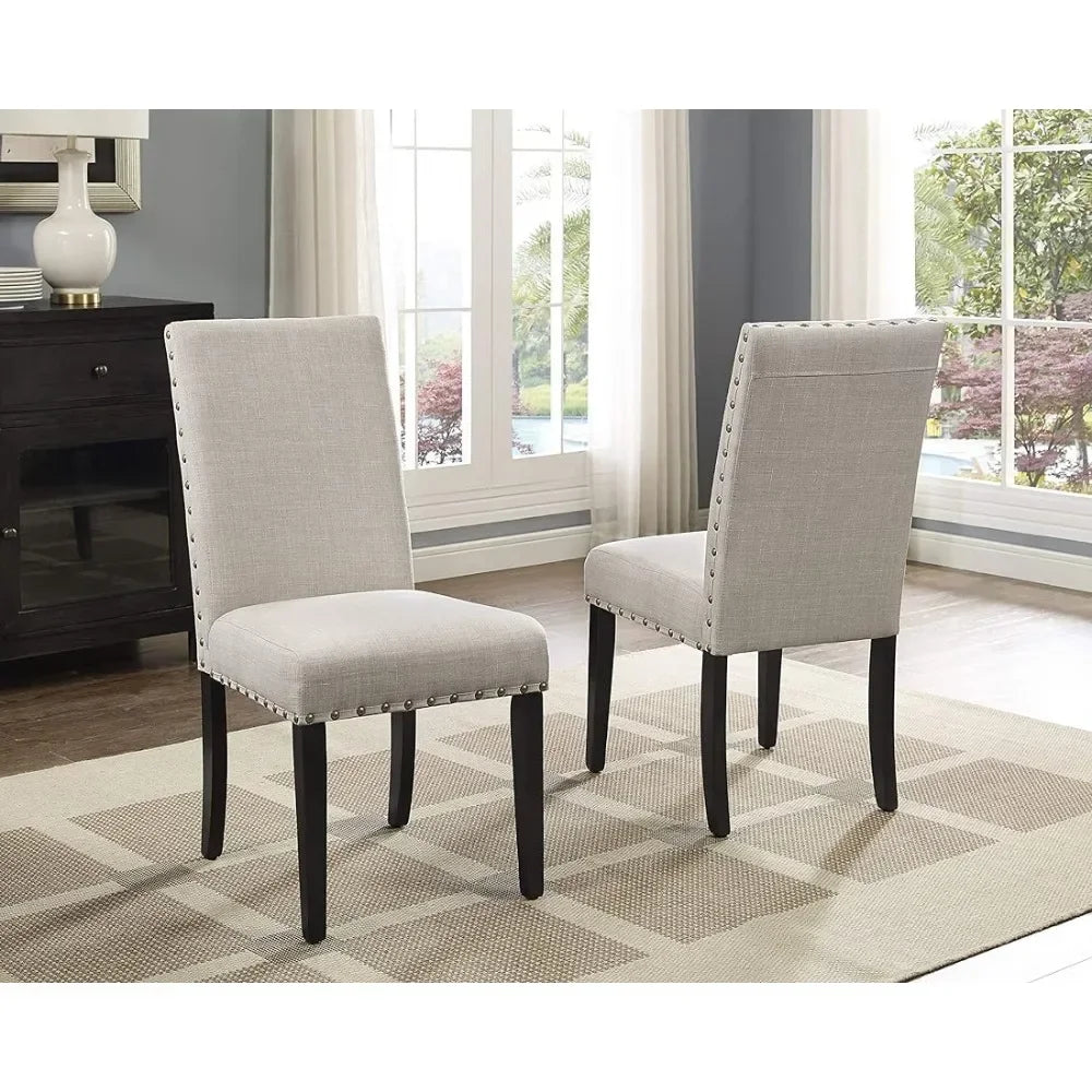 Set of 2 Tan Fabric Dining Chairs With Nailhead Trim - 40871676870722