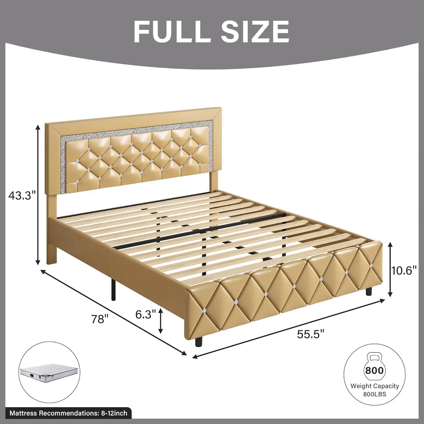 Full Size Gold Crystal Button Tufted Platform Bed