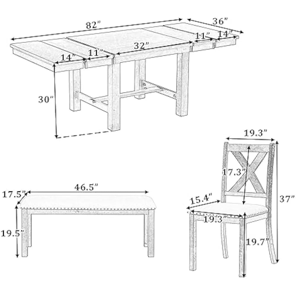 Solid Natural Wood Extendable 6pc Dining Set