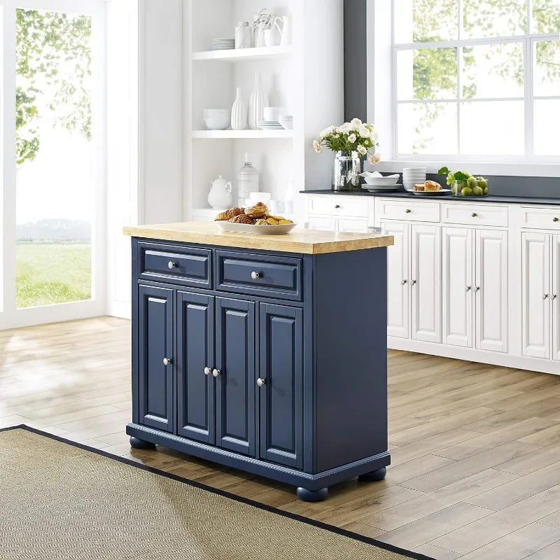 Stationary Navy Kitchen Island with Butcher Block Top