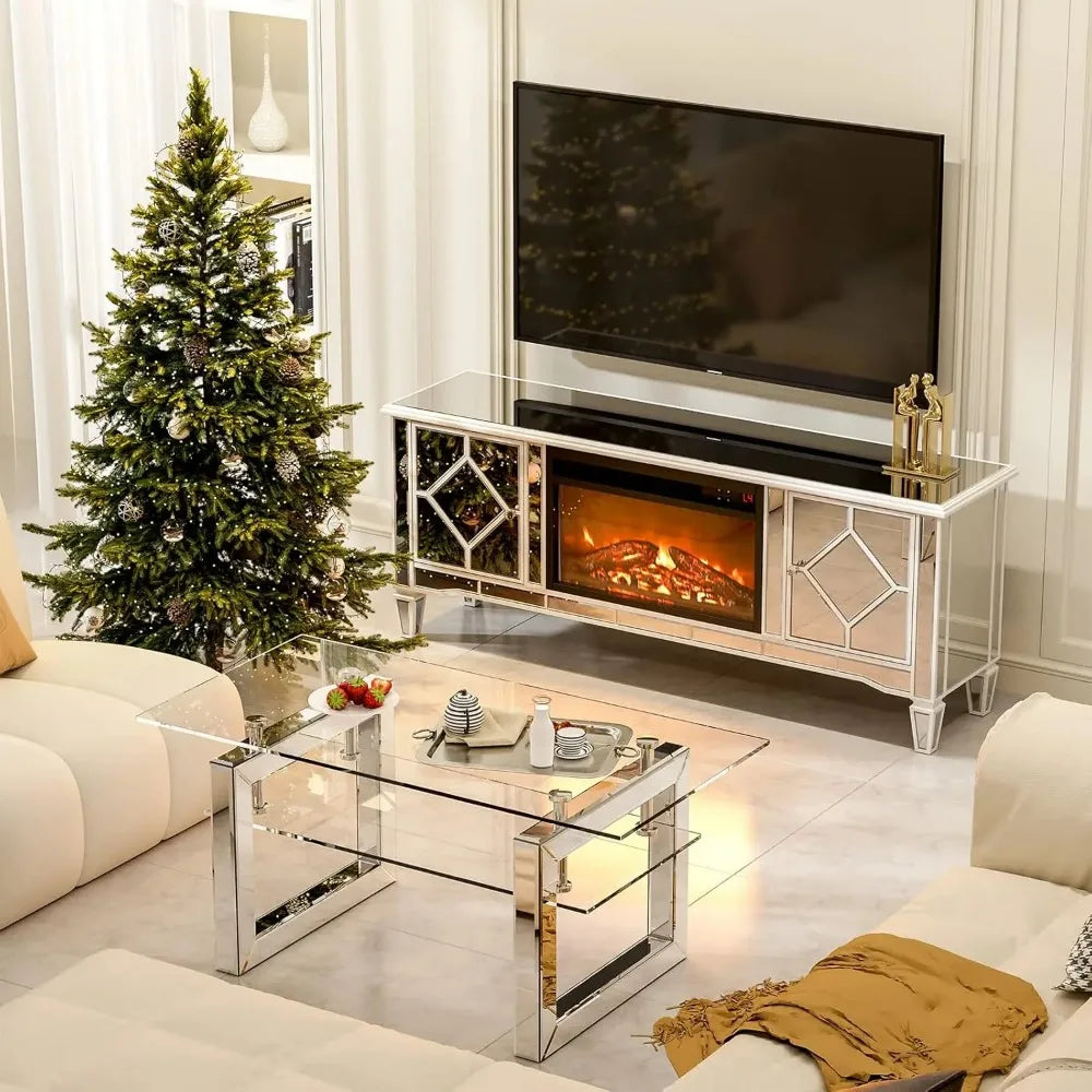 Mirrored Electric Fireplace Entertainment Center w/Changing Colors