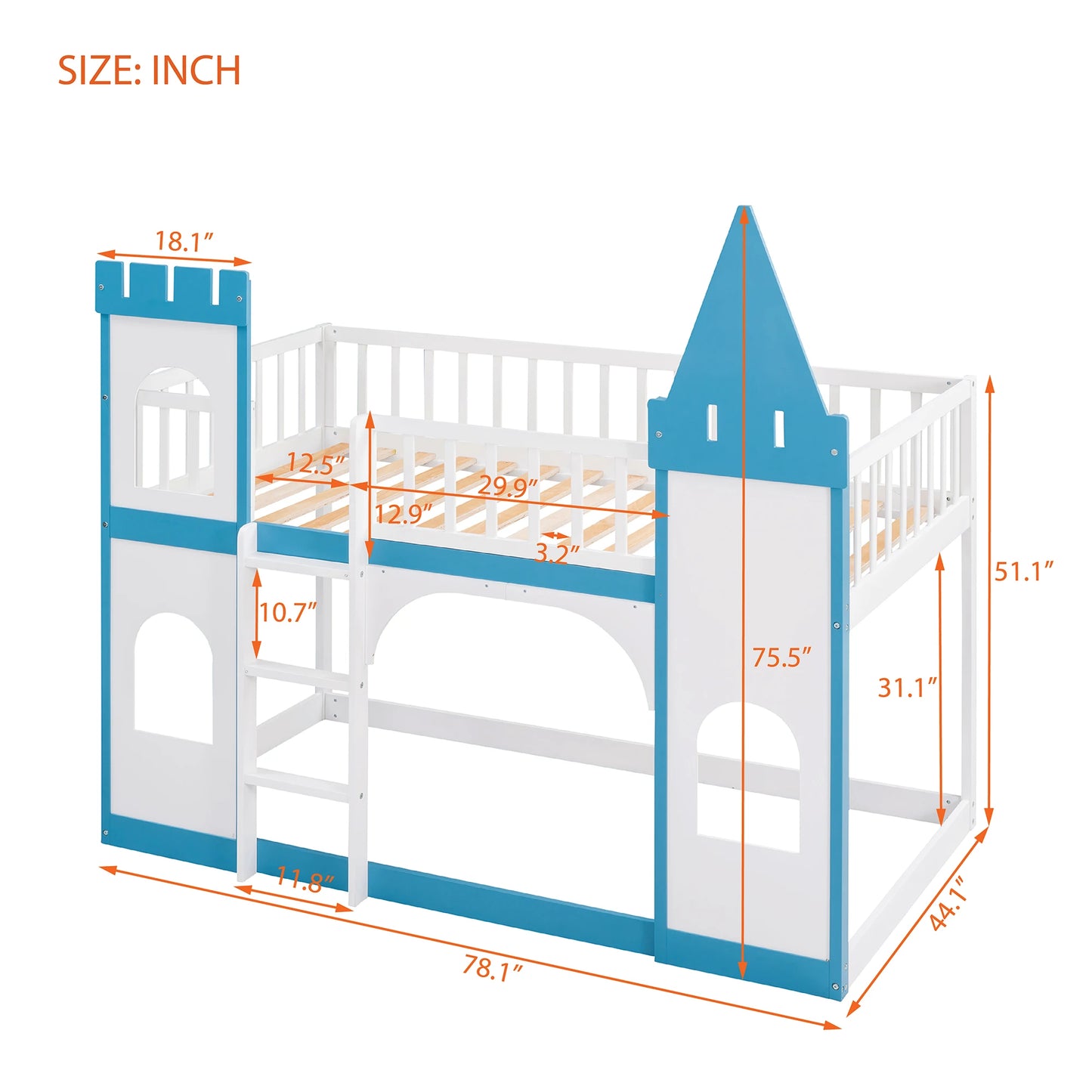 Blue Twin Castle Bunk Bed with Ladder