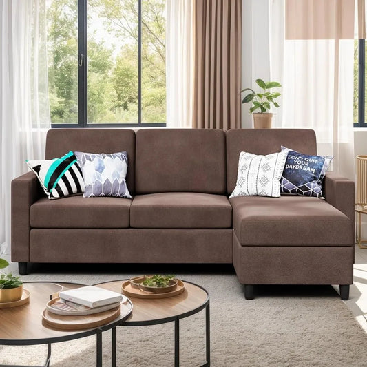 Brown Convertible Linen Sectional Sofa  - 40841827876930