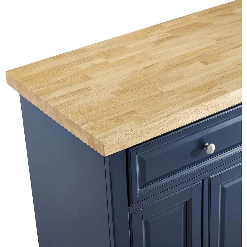 Stationary Navy Kitchen Island with Butcher Block Top