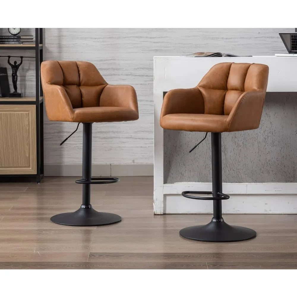 Swivel Bar Stools Set of 2 Leather Counter Height Barstools with Back and Arms Adjustable Bar Stool Chairs Base Kitchen Island