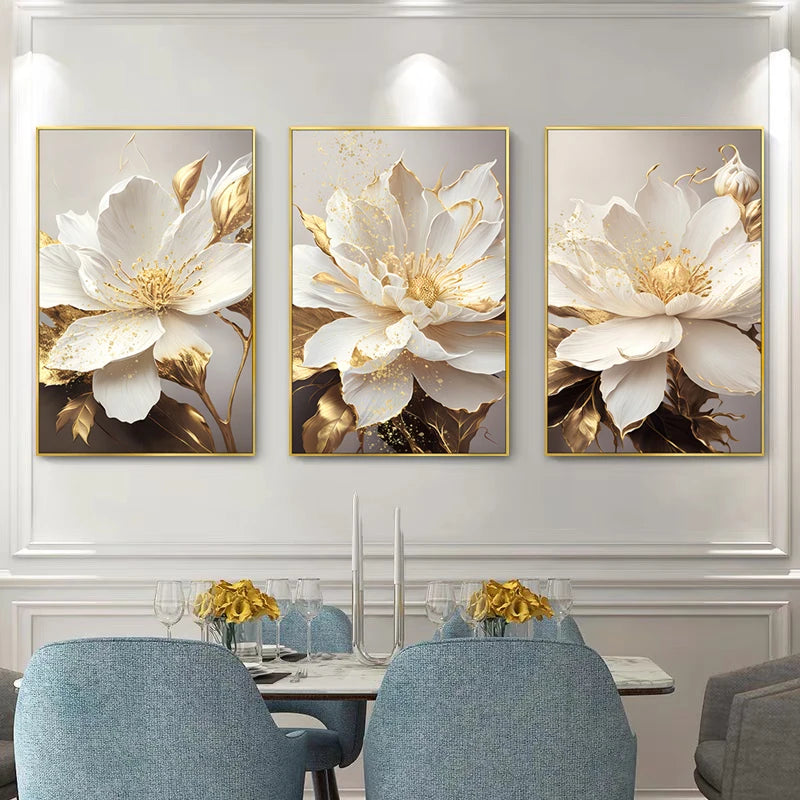 Gold Leaf White Blooming Flowers Canvas Wall Art