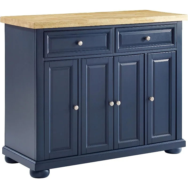 Stationary Navy Kitchen Island with Butcher Block Top