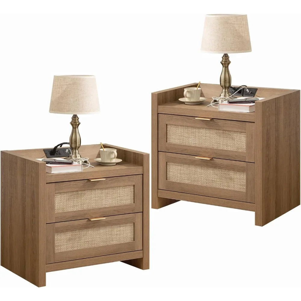 Rattan Nightstands with Type-C Charging Station