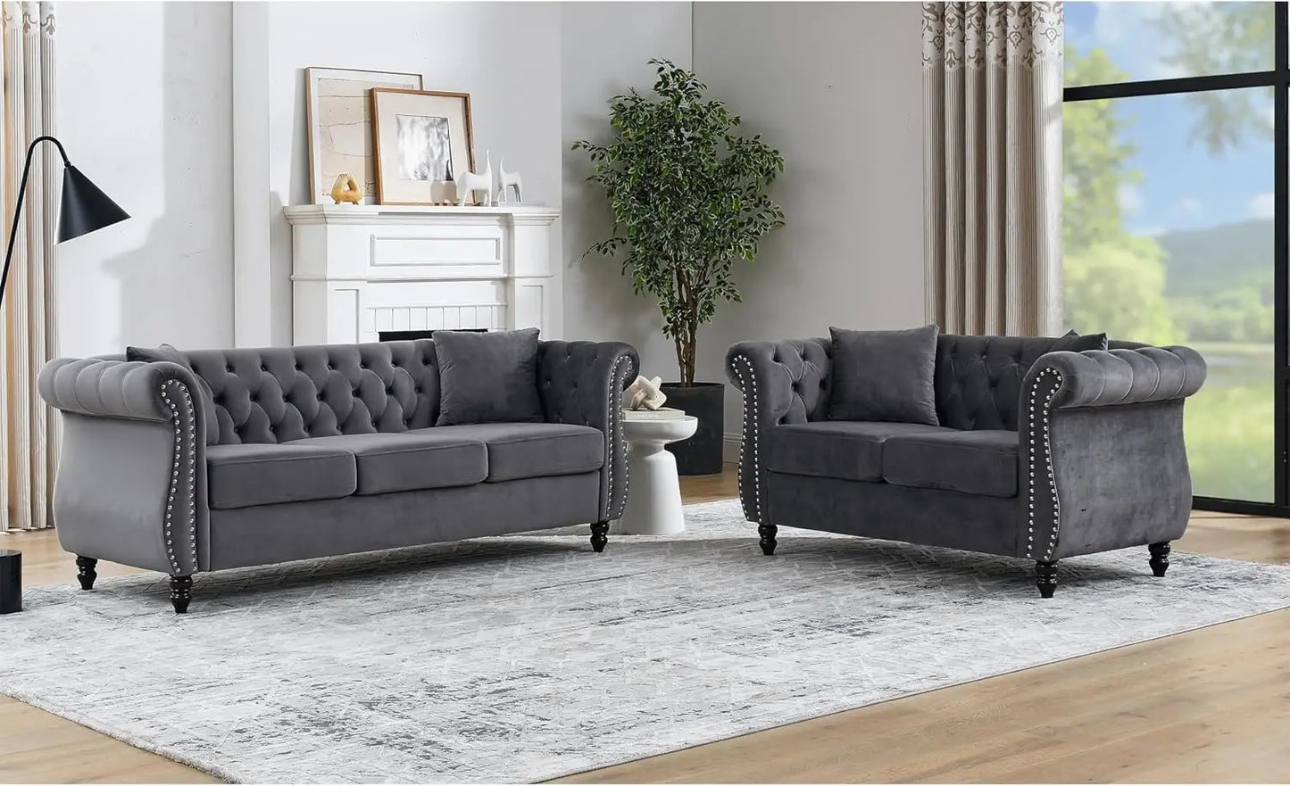 Grey Button Tufted Velvet 2 Piece Chesterfield Loveseat Sofa Set