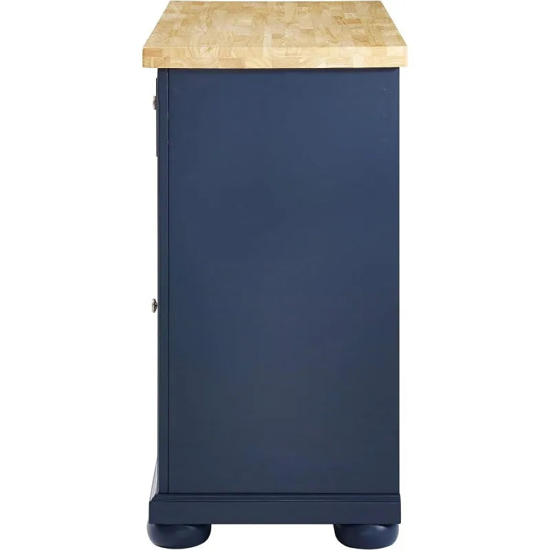 Stationary Navy Kitchen Island with Butcher Block Top