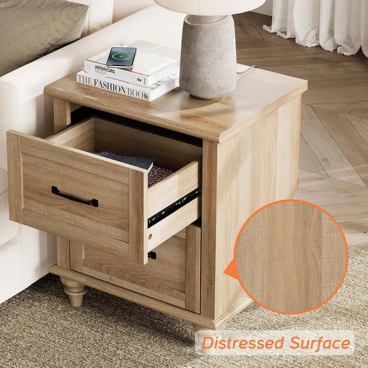 Light Oak Set of 2 End Tables with Charging Station