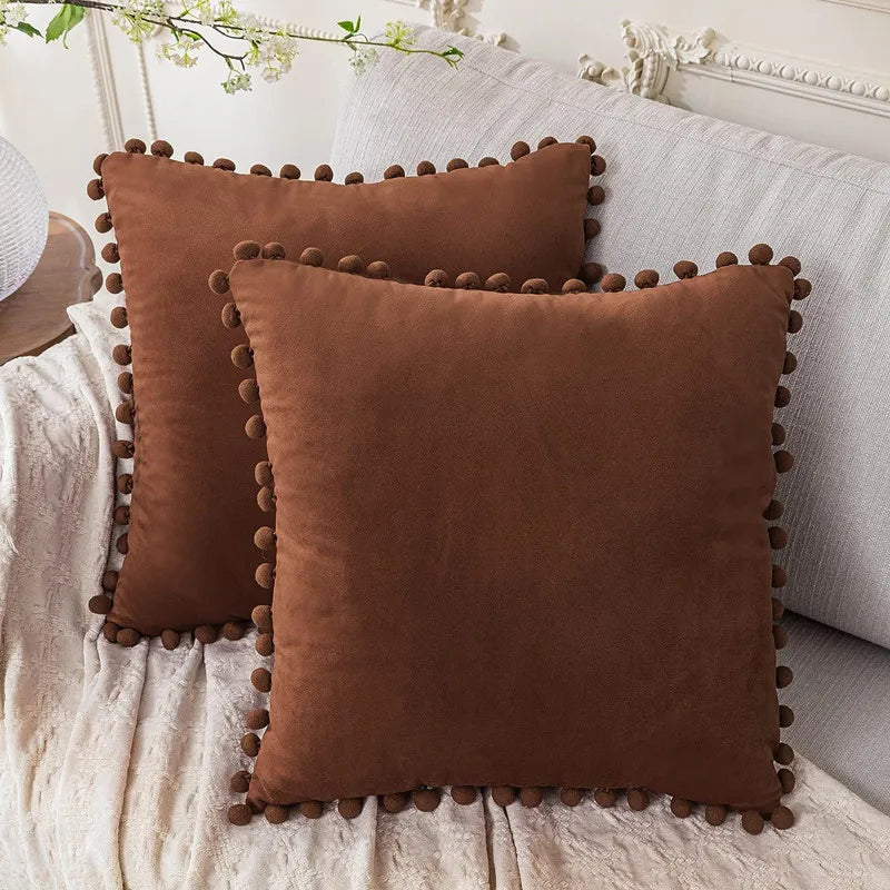 Brown Macrame Ball Fringe Velvet Accent Pillow Covers