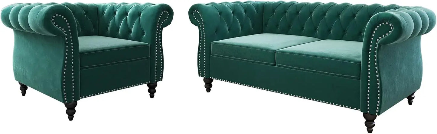 Green 2pc Velvet Chesterfield Living Room Set